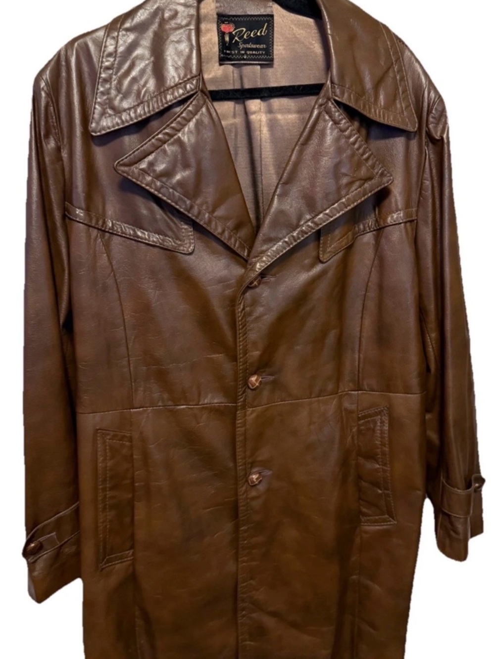 Men's Brown Leather Trench Coat Reed Sportswear Size Large